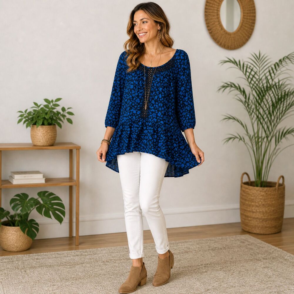 Anthropologie HD Paris Ressica Blouse M Blue Leopard Crochet Tunic Peplum Hi Lo